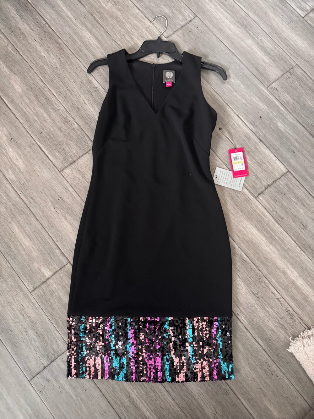 Vince Camuto Black Sheath Midi Dress with Multicolor Sequin Hem